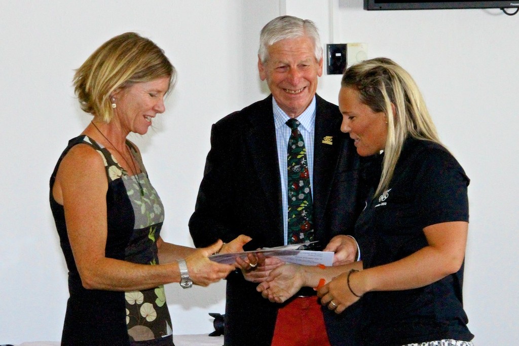 Sara Winther (Laser Radial)(right) - Olympic Pin Presentation - March 19, 2013, as Ralph Roberts looks on © Richard Gladwell www.photosport.co.nz